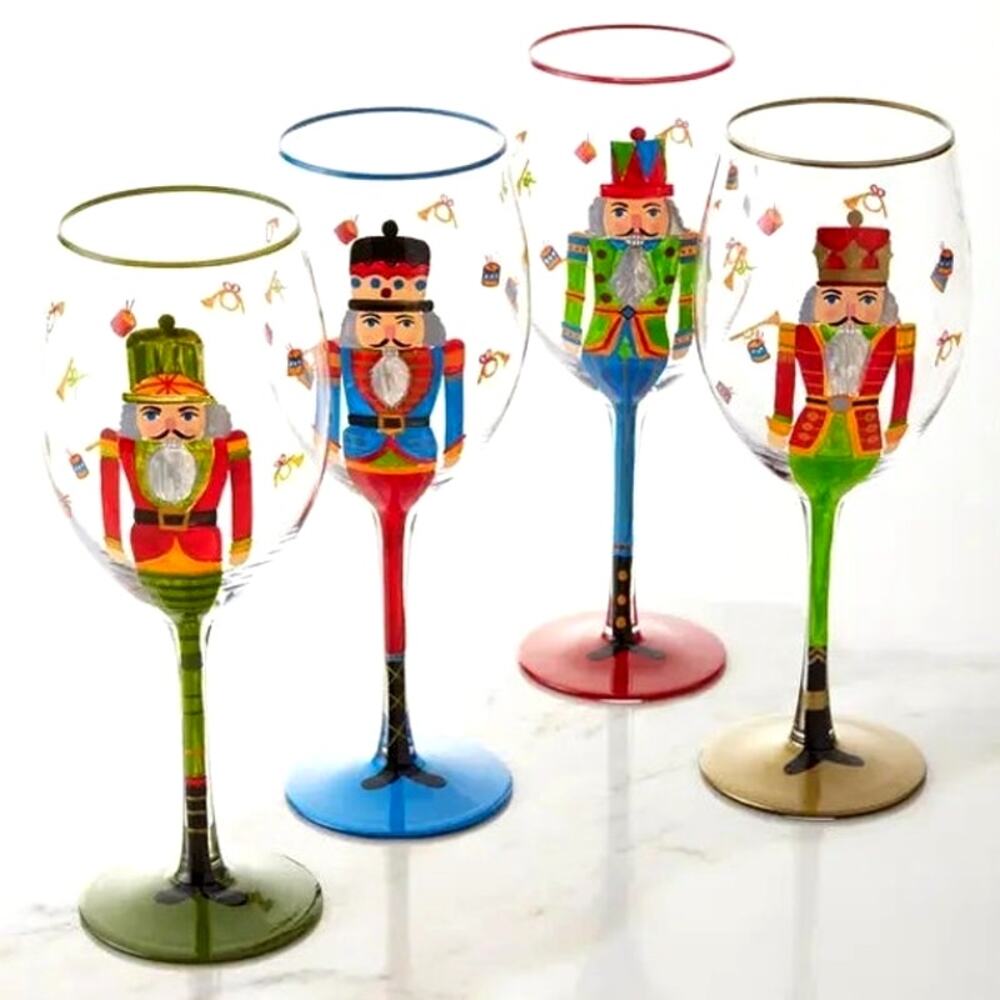 Neiman Marcus Hand Painted Nutcracker Wine Glasses 9in Set of 4 In Gift Box NEW
